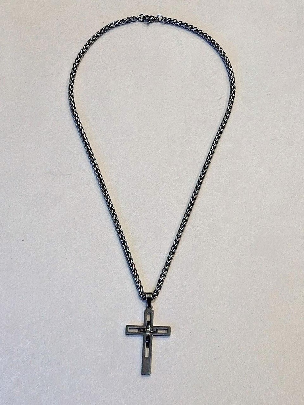 Silver Tone Cross Pendant with Stainless Steel Curb Chain 20.5 inches